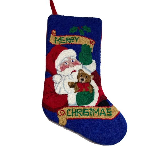 Latch Hook Stocking Santa Claus Teddy Bear 19"x8" Holiday Decor - Picture 1 of 5